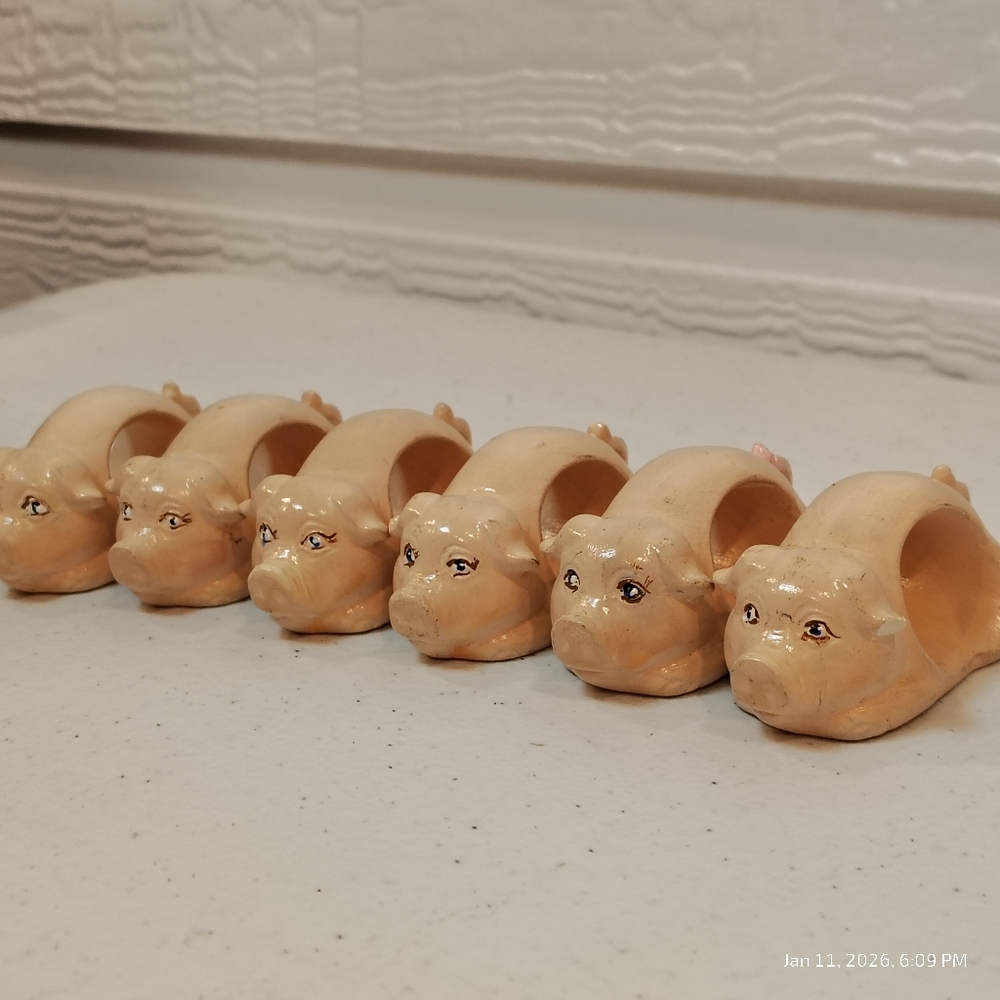 Vintage Pottery Pink Pig Napkin Rings Holders Hand Painted Set of 6 - Picture 1 of 6